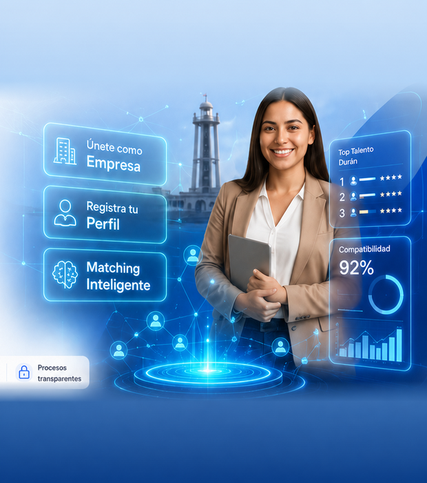 Profesional de Durán integrada a un holograma de empresas, perfil, matching inteligente y compatibilidad laboral